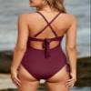 Aleumdr One Piece Swimsuit for Women Tummy Control Bathing Suits V Neck Crisscross Back Side Tie Monokini Biking Red Small view 2