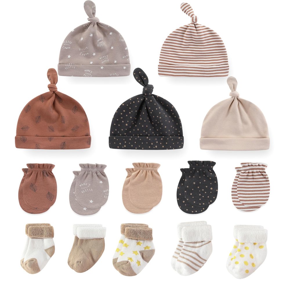 MAMIMAKA Baby Boys Caps Mittens and Thick Warm Socks Cotton Newborn Essentials Accessories (Hats+Gloves+Terry Socks),0-6 Months