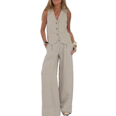 Professional Style Suit Set Cotton Linen Women's Sleeveless V-neck 2 Piece Business Casual Outfit for Spring Summer Apricot L