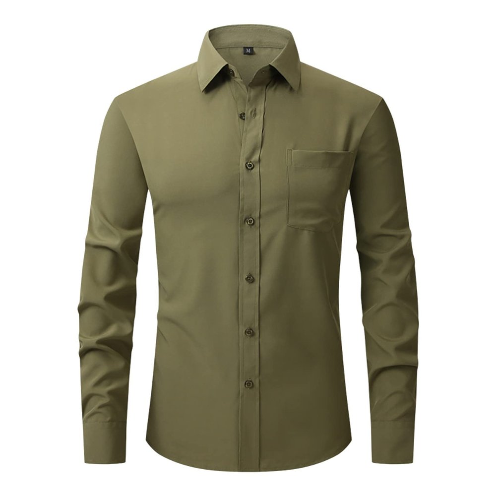 Mens Dress Shirts, Four Side Stretch Men's Business Casual Long Sleeve Shirt Button Up Shirts Down Casual White Dress Shirt Slim Fit Up Shirts Tall Shirts Solid Dress Shirts (L, Army Green)