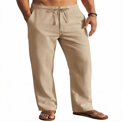 COOFANDY Mens Cotton Linen Pants Lightweight Drawstring Casual Summer Beach Yoga Pants Loose Trousers with Pockets Khaki