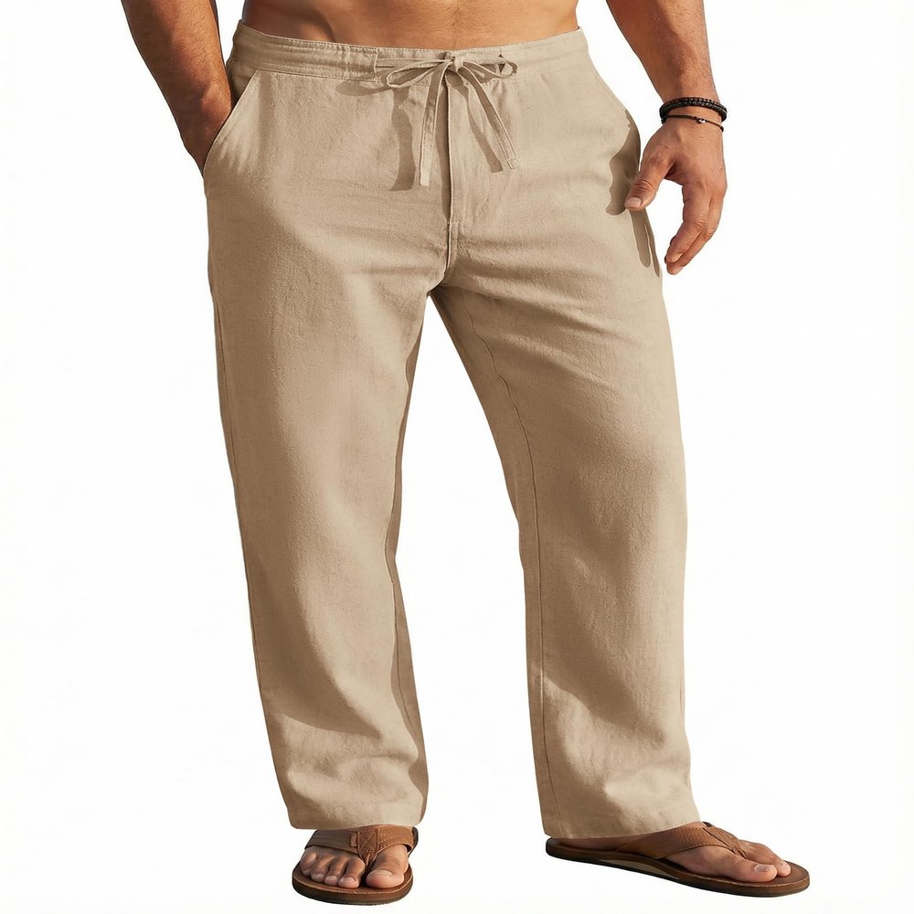 COOFANDY Mens Cotton Linen Pants Lightweight Drawstring Casual Summer Beach Yoga Pants Loose Trousers with Pockets Khaki