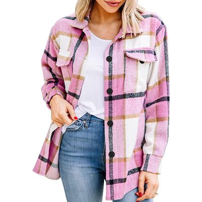 Women's Flannel Plaid Shacket Long Sleeve Button Down w Pocketed Shirts Ladies Fall Casual Comfy Woolen Jacket Coats