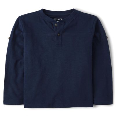 The Children's Place,Long Sleeve Rolled Cuff Henley Shirt,Medium (7/8) Tidal Blue