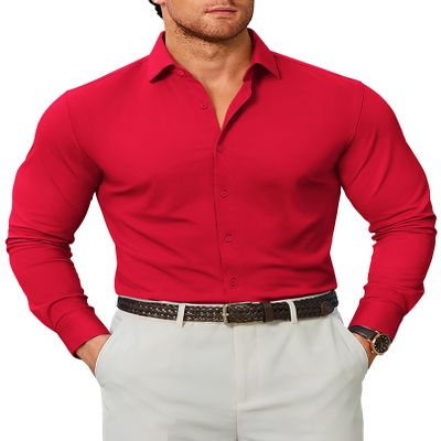 COOFANDY Men's Business Dress Shirts Long Sleeve Stretch Wrinkle Free Dress Shirt Red