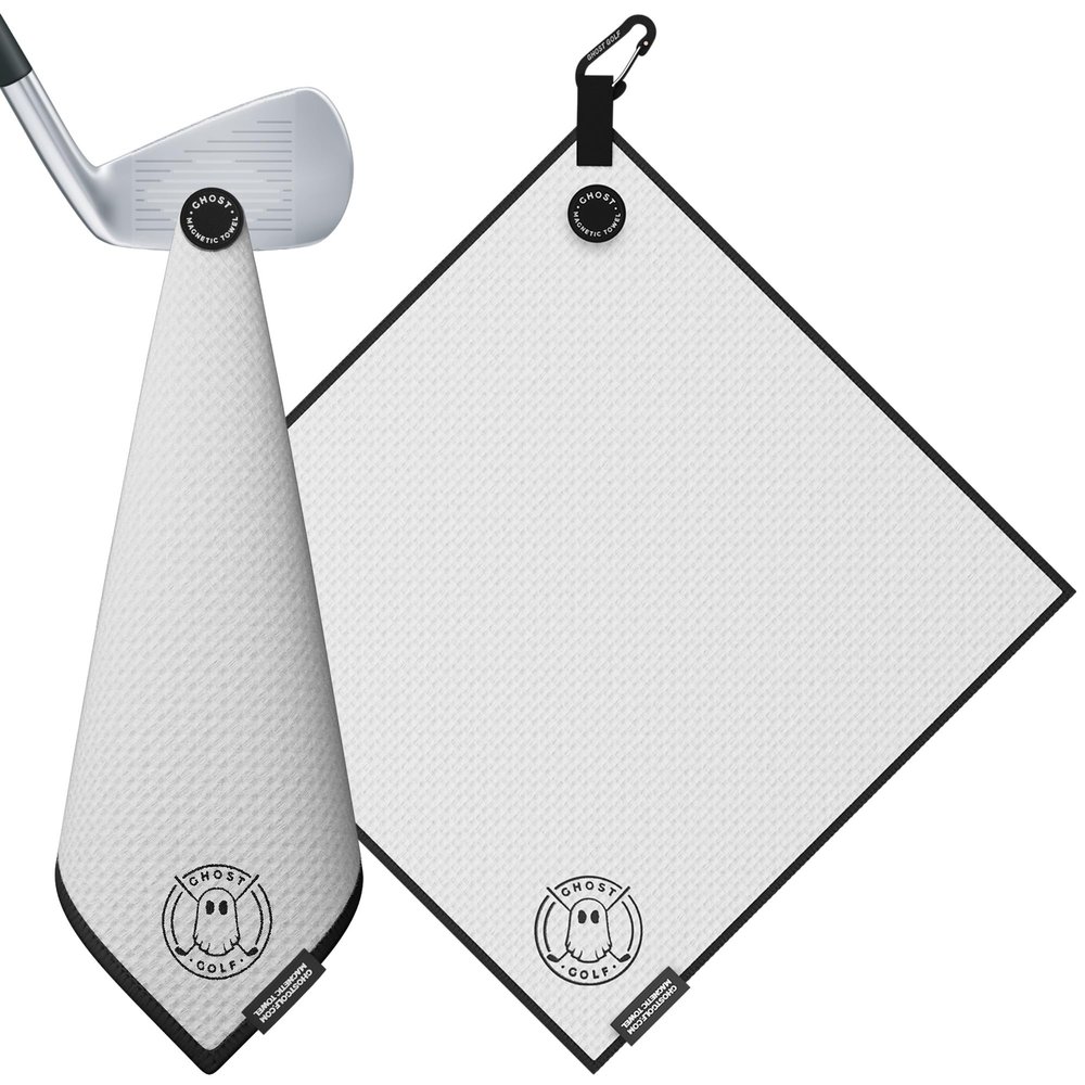 Ghost Golf Magnetic Towel (Greenside) - Premium Ultra-Absorbent Microfiber Golf Towel with Magnet for Golf Carts or Clubs - 18" x 18" Golfing Gear - Waffle Weave Pattern (White)