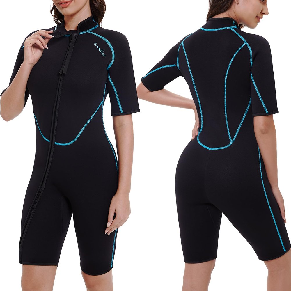 OMGear Diving Suit 3mm Neoprene Wetsuit Women Shorty Suit Short Sleeve Snorkel Suit Scuba Dive Suits Swimwear(WomenAqua75,2XL)
