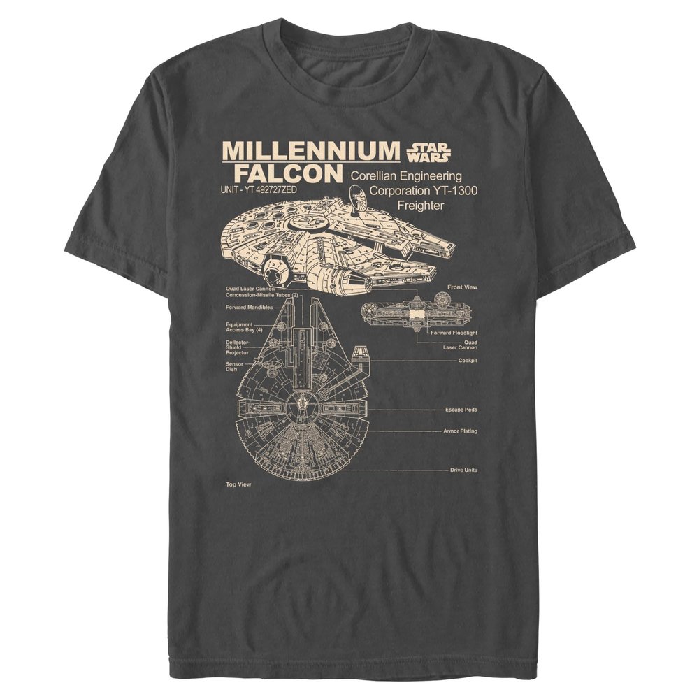 Star Wars Men's Millennium Falcon Detailed Drawing T-Shirt, Charcoal, XX-Large