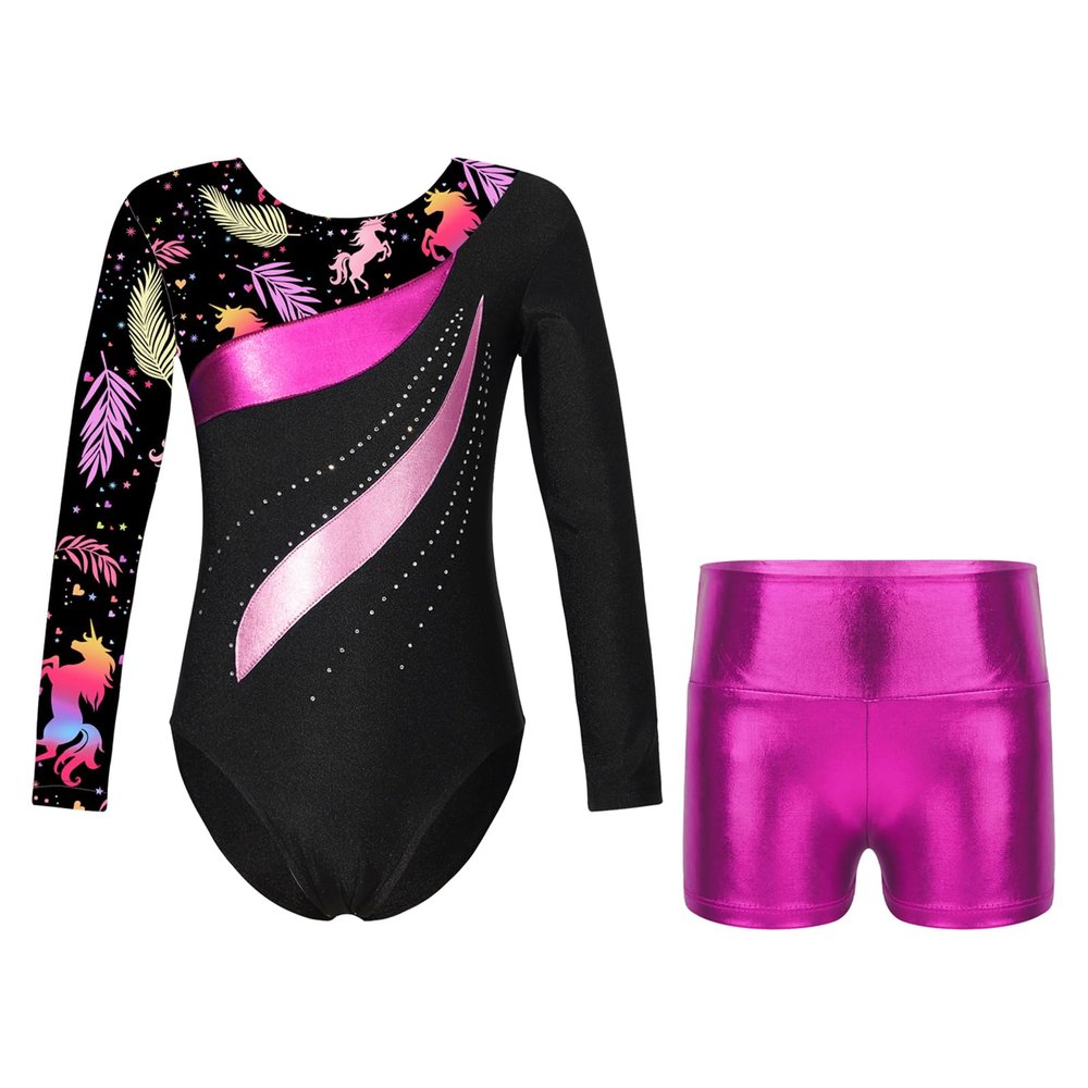 Moily Kids Girls Shiny Metallic Gymnastics Dance Outfits Long Sleeve Athletic Leotard with Booty Shorts Leaves Black C 12