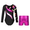 Moily Kids Girls Shiny Metallic Gymnastics Dance Outfits Long Sleeve Athletic Leotard with Booty Shorts Leaves Black C 12 view 2