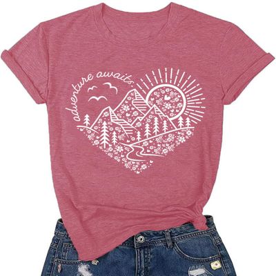 Adventure Awaits Shirt for Women Funny Mountain Road Graphic Kindness Heart Printed Tee Top Hiking Outdoor Workout Tops, Pink S