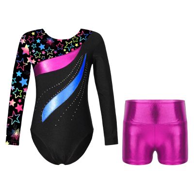 Moily Kids Girls Shiny Metallic Gymnastics Dance Outfits Long Sleeve Athletic Leotard with Booty Shorts Star Black C 12