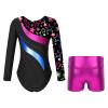 Moily Kids Girls Shiny Metallic Gymnastics Dance Outfits Long Sleeve Athletic Leotard with Booty Shorts Star Black C 12 view 2