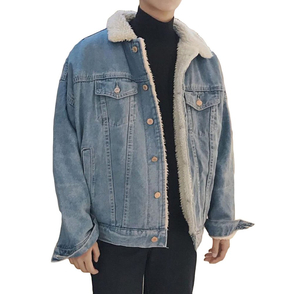 SWJGLITTR Men's Sherpa Lined Trucker Jacket Male Faux Fleece Lined Casual Jacket Men Thick Winter Button Trucker Jacket (Medium,Light blue)