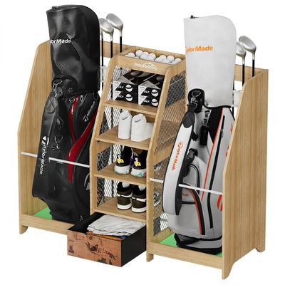 Ponsonbay Golf Bag Storage Organizer for Garage, Premium Wooden 2 Golf Bags Rack with Drawer, Easy Assemble Golf Club Stand/Holder Suitable for Garage Home Simulator and Office