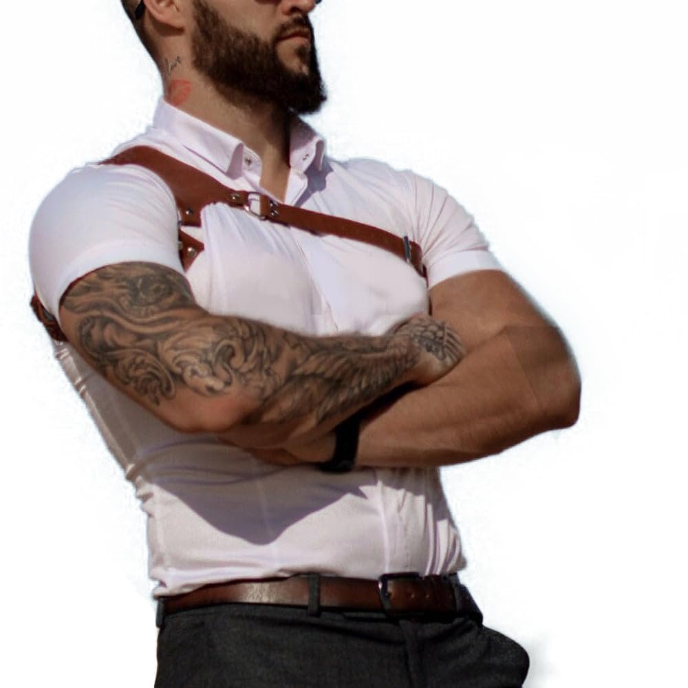 VOLBOZ Men's Leather Body Chest Belt - Durable and Breathable Adjustable Harness for Various Occasions-Sexy Punk Chest Belt (Brown)