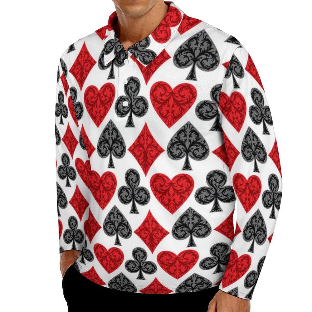 Playing Card Poker Mens Long Sleeve Polo Shirt Casual Slim Fit Golf Sport Shirts Fashion Tops L