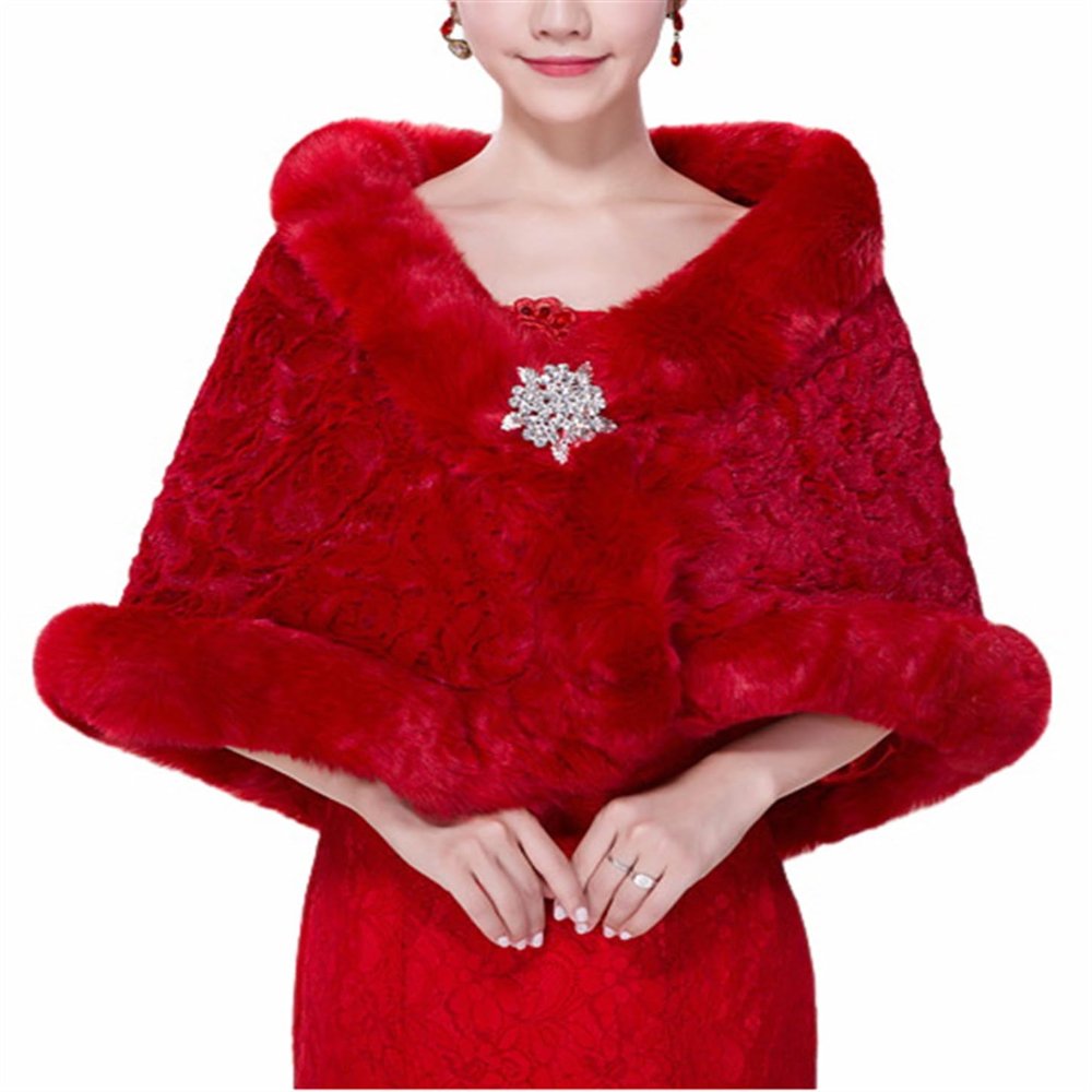 BESTORI Women's Faux Fur Shawl Wraps Bridal Winter Stole Cape with Rhinestones Brooch for Party Red