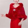 BESTORI Women's Faux Fur Shawl Wraps Bridal Winter Stole Cape with Rhinestones Brooch for Party Red view 2