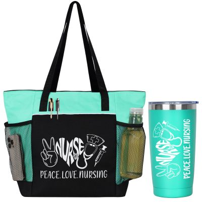 Nurse Appreciation Gift 2 Pieces - Nurses Gifts for Women Includes Zippered Tote Bag and Stainless Steel Insulated Tumbler, Christmas Nurses Accessories for Work, Nurse Bag for Work(Green)