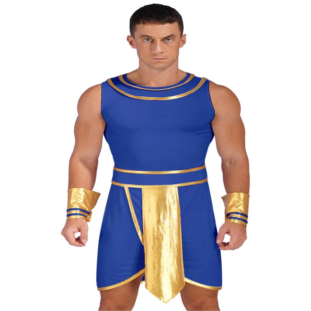 HULIJA Men Ancient Greek Roman Toga Costume Gladiator Toga Cosplay Outfits Halloween Fancy Dress D1806#Blue Ancient Egypt Costume 3X-Large