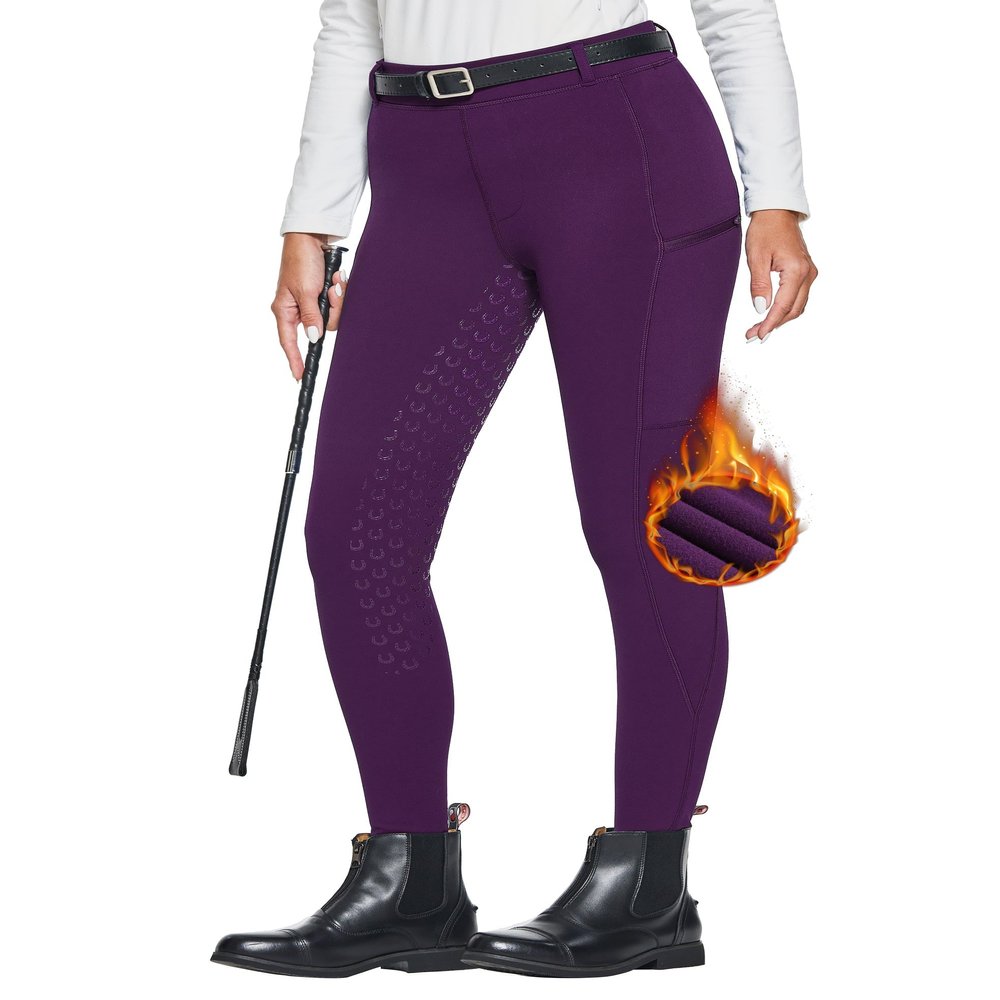 FitsT4 Sports Women's Winter Horse Riding Pants with Zipper Pockets Full Seat Riding Tights Fleece Lined Equestrian Breeches for Women Purple 2XL