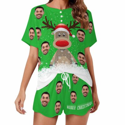 Artsadd Custom Short Pajamas Set With Photo, Women Personalized Lounge Set, Funny Face Printed Sleepwear, Soft Tracksuit Gift(Reindeer,L)