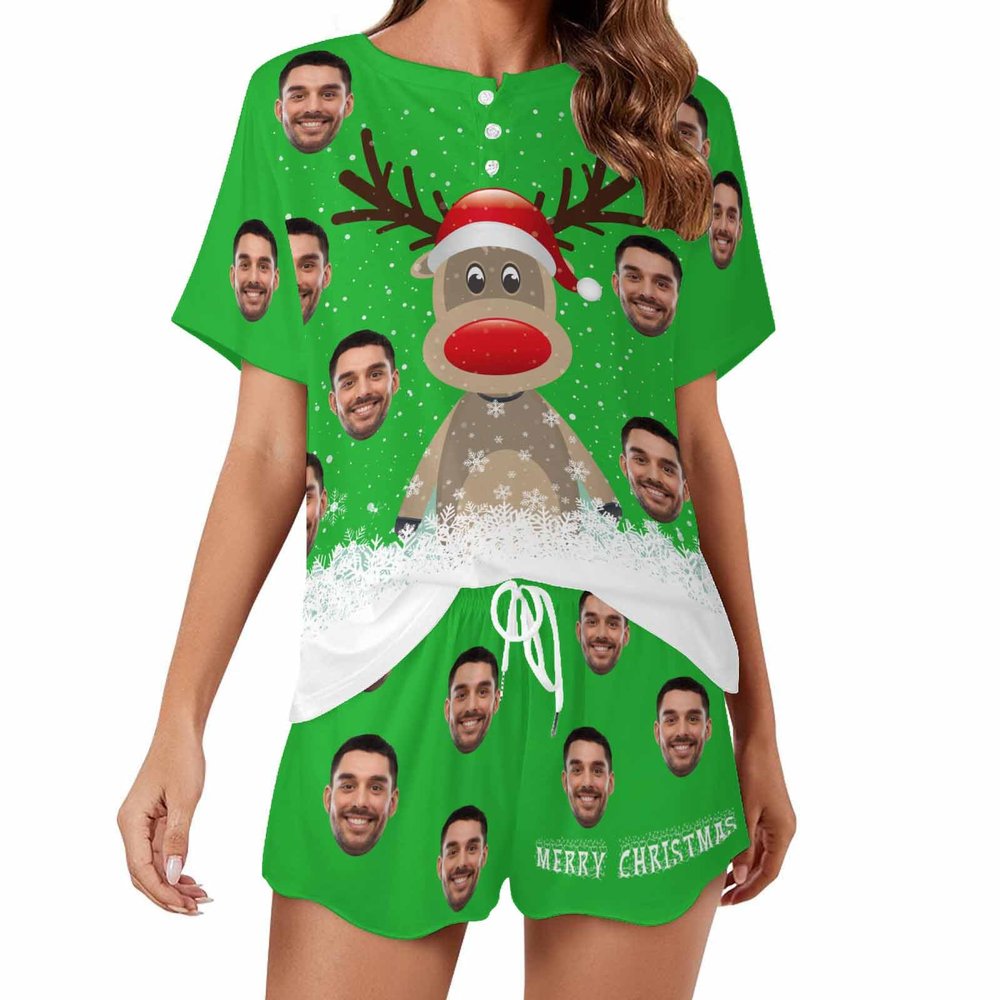 Artsadd Custom Short Pajamas Set With Photo, Women Personalized Lounge Set, Funny Face Printed Sleepwear, Soft Tracksuit Gift(Reindeer,L)