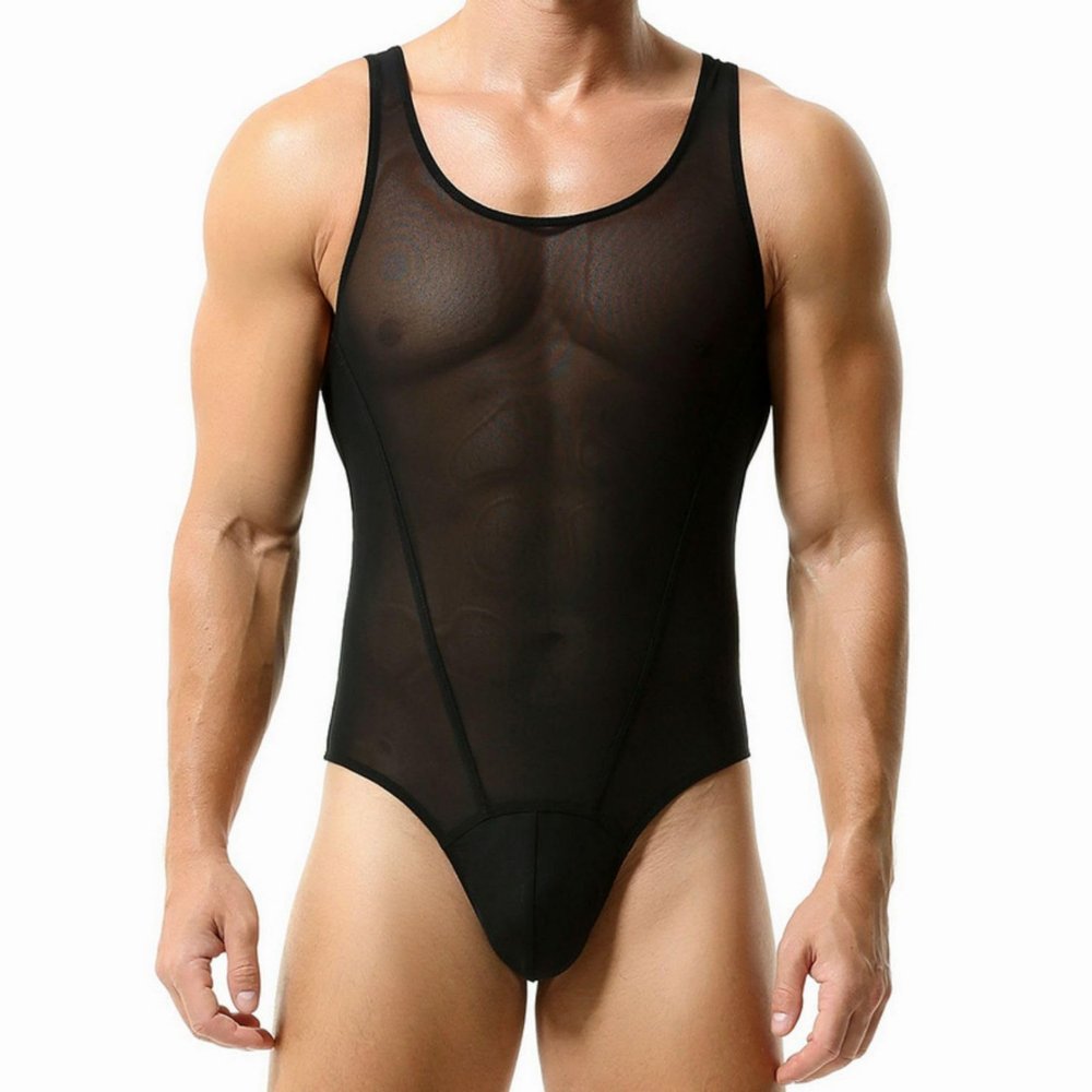 BreakEgg Men's Sexy Cutout Mesh Bodysuit Transparent Tank Tops Crewneck Mens Body Suit One Pieces Coveral (X-Large,Black)