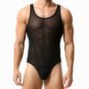BreakEgg Men's Sexy Cutout Mesh Bodysuit Transparent Tank Tops Crewneck Mens Body Suit One Pieces Coveral (X-Large,Black) view 2