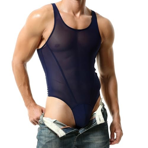 BreakEgg Men's Sexy Cutout Mesh Bodysuit Transparent Tank Tops Crewneck Mens Body Suit One Pieces Coveral (Large,Dark Blue)