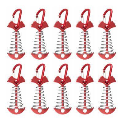 Fishbone Deck Anchor Pegs with Carabiners, Aluminium Tent Stakes with Spring Buckle, Windproof for Outdoor Camping Hiking (10Pcs Red)