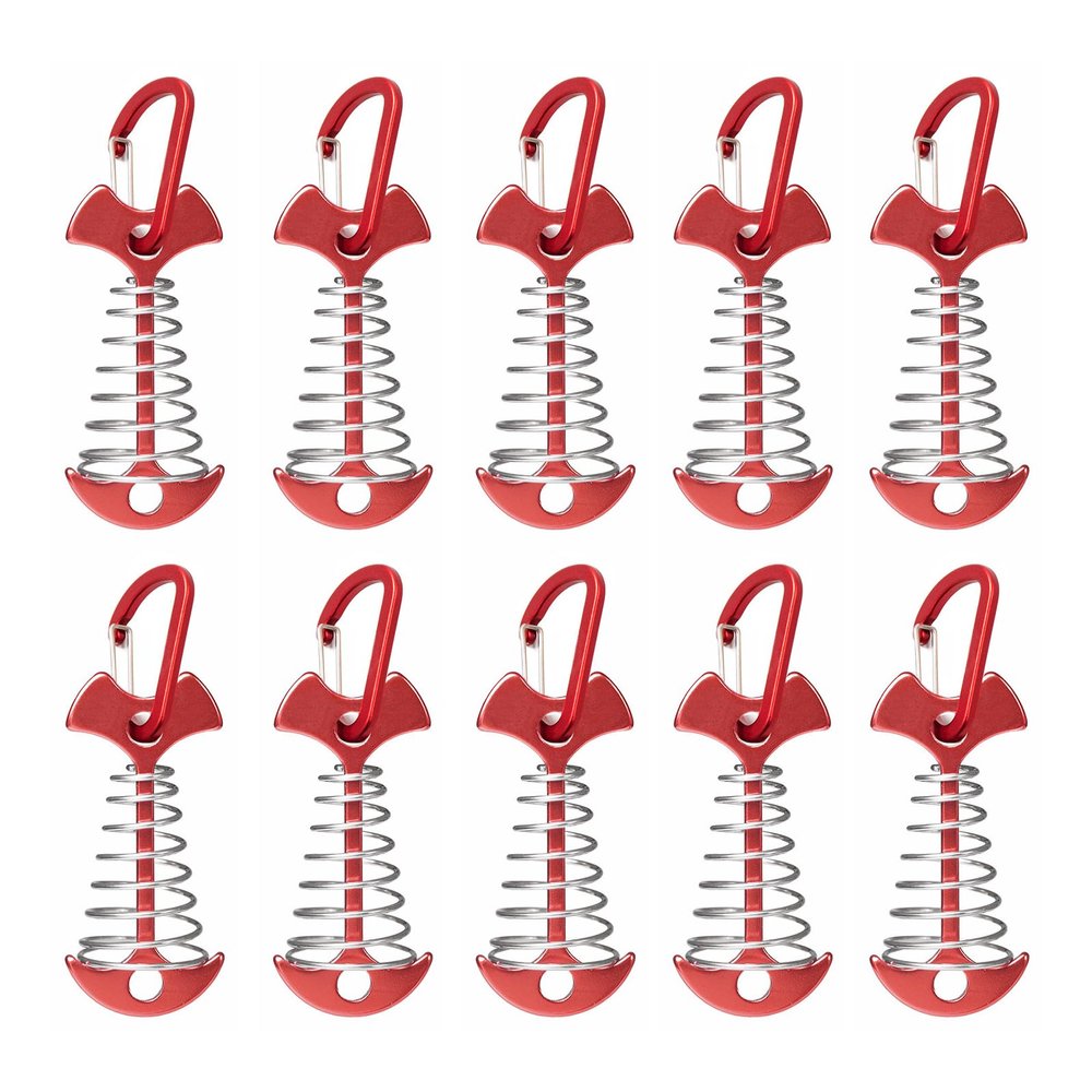Fishbone Deck Anchor Pegs with Carabiners, Aluminium Tent Stakes with Spring Buckle, Windproof for Outdoor Camping Hiking (10Pcs Red)