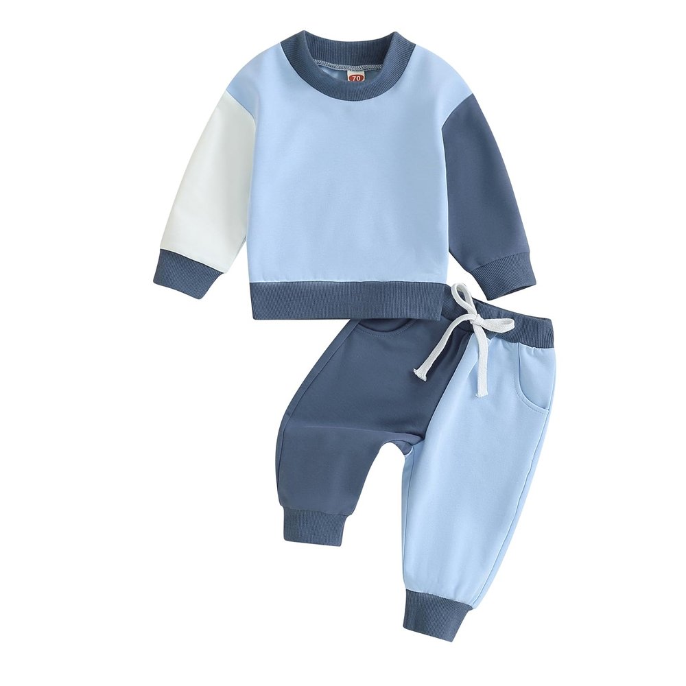 Fernvia Toddler Baby Girl Clothes 3 6 9 12 18 24 Months Fall Outfits Solid Long Sleeve Sweatshirt Tops + Pants Set (C-Blue White, 0-6 Months)