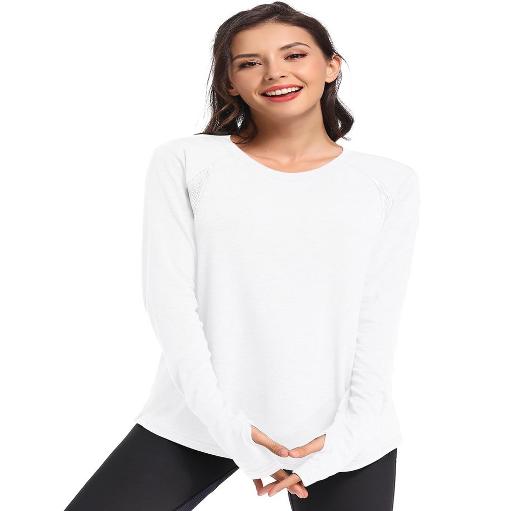 Muzniuer Long Sleeve Workout Shirts for Women Long Sleeve Yoga Shirts Workout Top for Women Gym Athletic Clothes Long Sleeve Sports Shirts for Women Running Shirts Snow White XL
