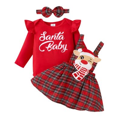 Baby Girl Christmas Outfit Long Sleeve Romper Onesie Deer Plaid Suspender Skirt Set Cute Fall Winter Clothes (Red-Santa, 9-12 Months)