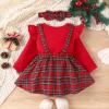 Baby Girl Christmas Outfit Long Sleeve Romper Onesie Deer Plaid Suspender Skirt Set Cute Fall Winter Clothes (Red-Santa, 9-12 Months) view 3