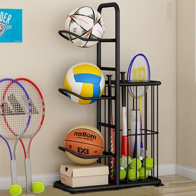 Home Gym Storage Rack, Football/basketball Storage Rack, Baseball, Badminton Racket Storage Rack, Exercise Workout Equipment Storage Organizer with Adjustable Foot Pads At The Bottom ( Color : Black ,