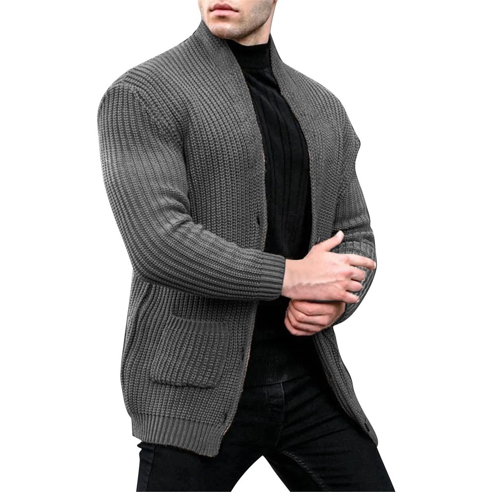 xoxingysm Men's Cardigan Sweater Long-Sleeve 100% Cotton Fisherman Cable Crewneck Sweater Button Down Knitwear with Pockets(GY1,X-Large)