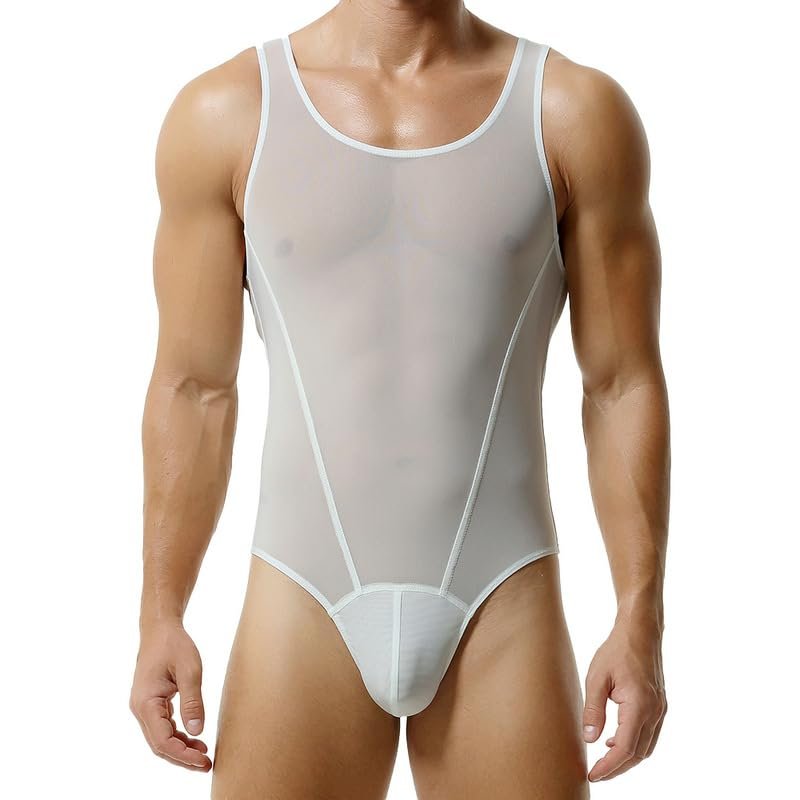 BreakEgg Men's Sexy Cutout Mesh Bodysuit Transparent Tank Tops Crewneck Mens Body Suit One Pieces Coveral (Large,White)