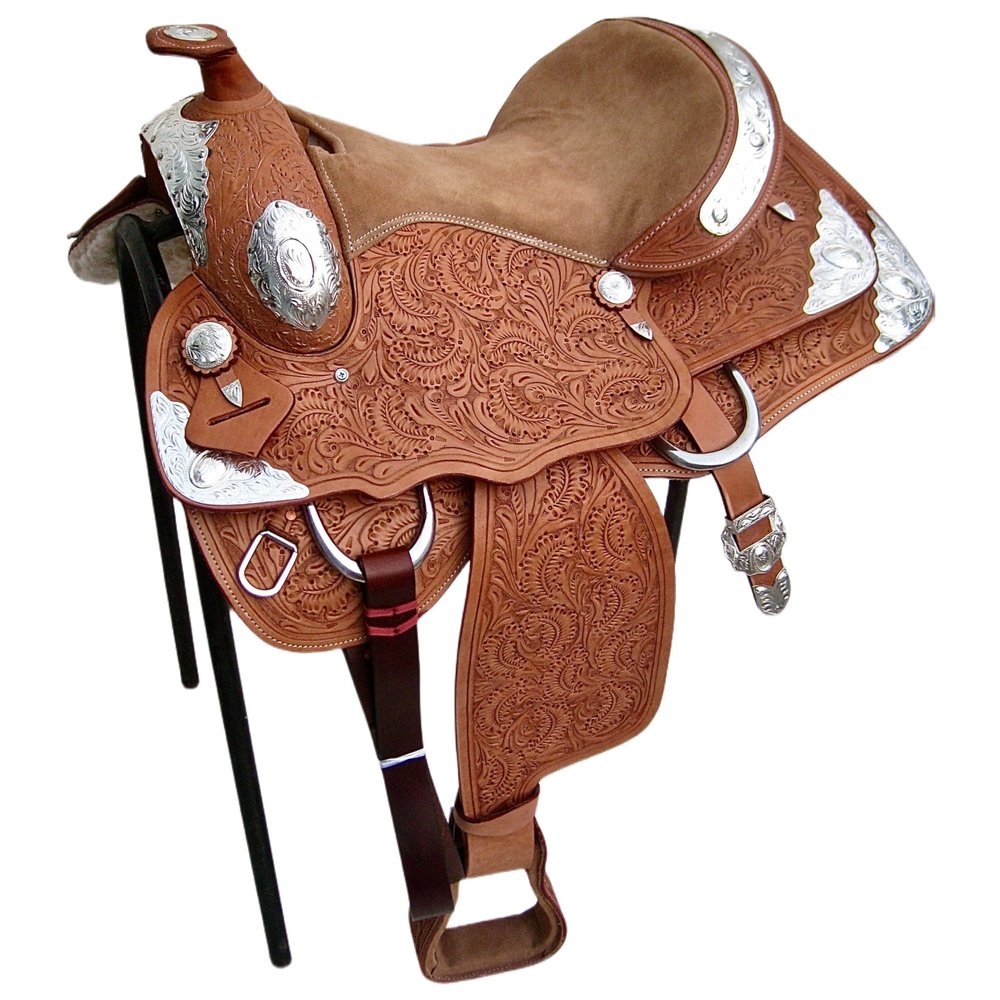 AHS us Introducing New Western Barrel Cum Show Saddle beasutifully Decorated with Full Floral Design Carving and Silver Plates (15")