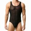 BreakEgg Men's Sexy Cutout Mesh Bodysuit Transparent Tank Tops Crewneck Mens Body Suit One Pieces Coveral (XX-Large,Black) view 1