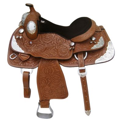 AHS us Western Barrel Horse Saddles Handmade Tooled Leather Horse Riding Saddle with Silver Engraved Rodeo Saddle for Trail & Training Durable Padded Seat Rodeo Horse Saddle(14inch)