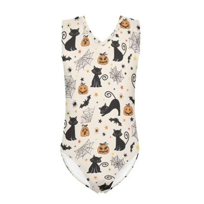 FOR U DESIGNS Black Cat and Pumpkin Print Girls Swimsuit One Piece Size 9-10 Beach Sport Swimwear Bathing Suit