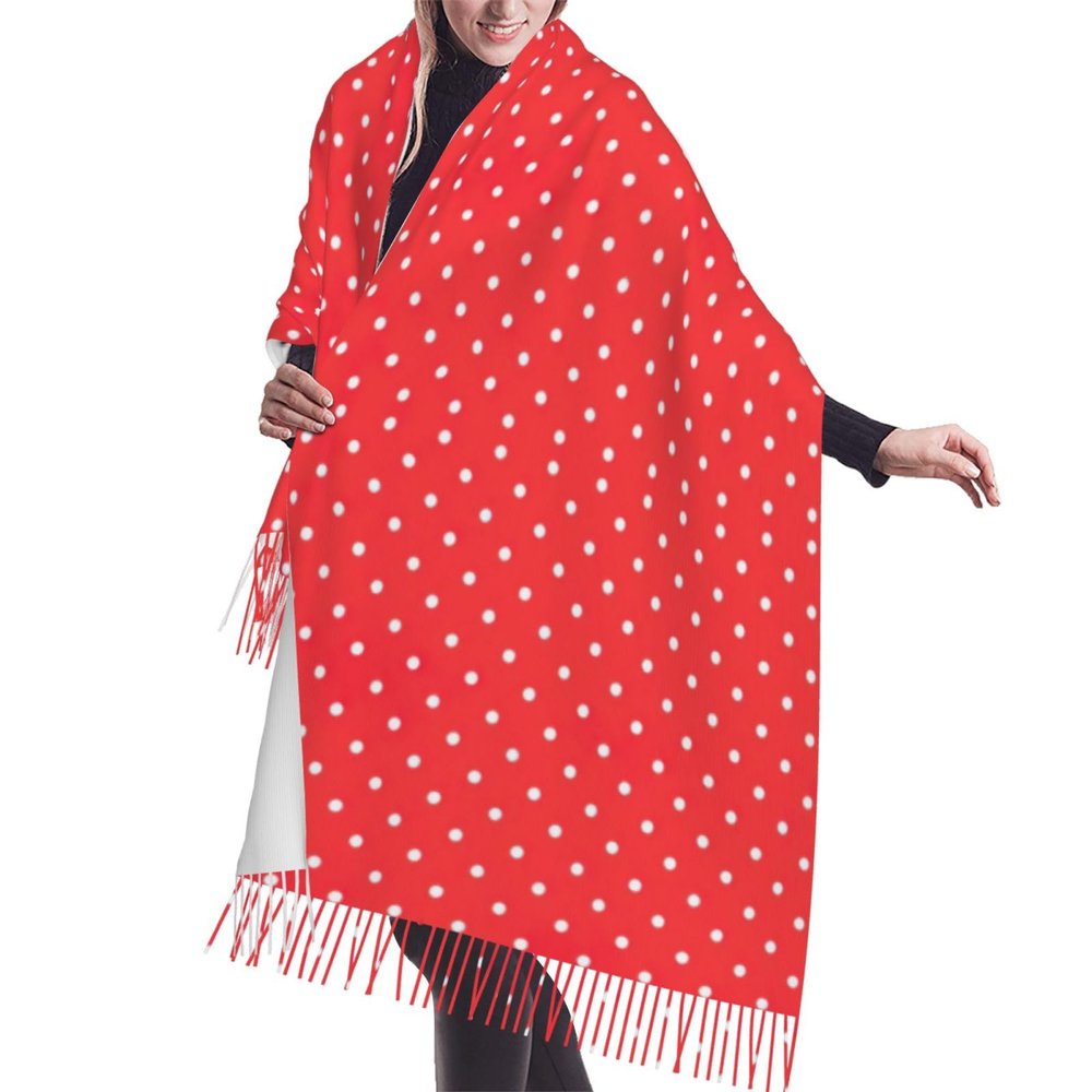 ENVEED Red And White Polka Dots Premium Faux Cashmere Tassel Shawl,Warm Tassel Wrap And Shawl Blanket