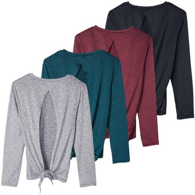 4 Pack: Women's Dry Dri Fit Long Sleeve Shirts for Women T Shirt Mesh Tie Open Back Athletic Workout T-Shirt Tops Womens White Tshirts Tees Athletic Running Active Top Gym Yoga - Set 7, M