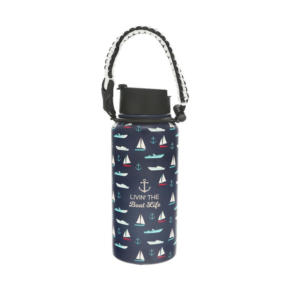 Pavilion Gift Company - Livin' The Boat Life - 32oz Stainless Steel Travel On The Go Water Bottle Coffee Thermal With Survival Rope Handle - Boat Beach Lake Lover Gift - 12 Hrs Cold & 6 Hrs Hot