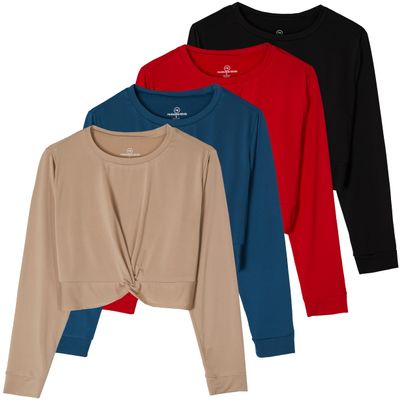 4 Pack: Women's Quick Dry Dri Fit Long Sleeve Shirts Women Crop Top Tops Crew Athletic Cropped Tee T-Shirt T Shirt Twist Front Workout Womens T-Shirts Yoga Tees Running Active Gym Wicking - Set 6, L