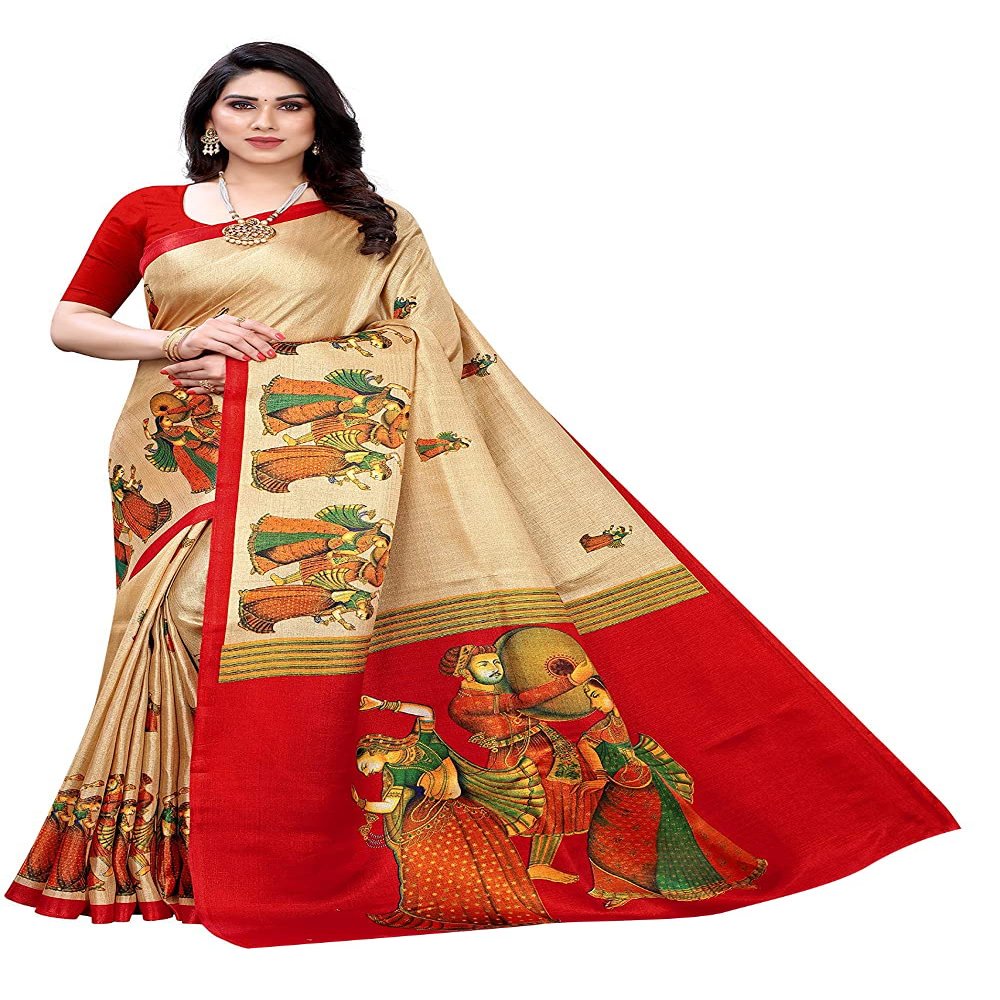 IMTRA FASHION Indian Printed Saree for Women Art Silk Sari with Unstitched Blouse