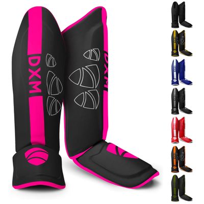 DXM Martial Arts Shin Guards Kickboxing Leg Guards with Instep Protection for for Muay Thai, Boxing, MMA, Karate, Taekwondo, Sparring, Training, MMA Equipment (M, Pink & Black)